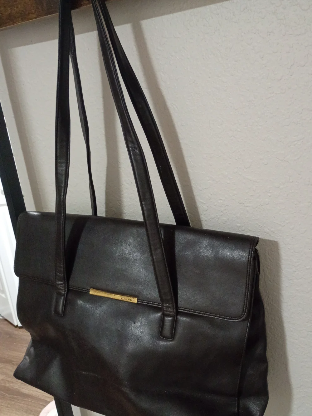 Nine West Classic Dark Brown Leather Laptop Tote Bag/Work Bag with Gold Accent